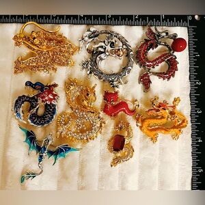 Lot of 9 Vtg style Dragon Brooches Enamel Rhinestone Crystal Gold Silver Tone